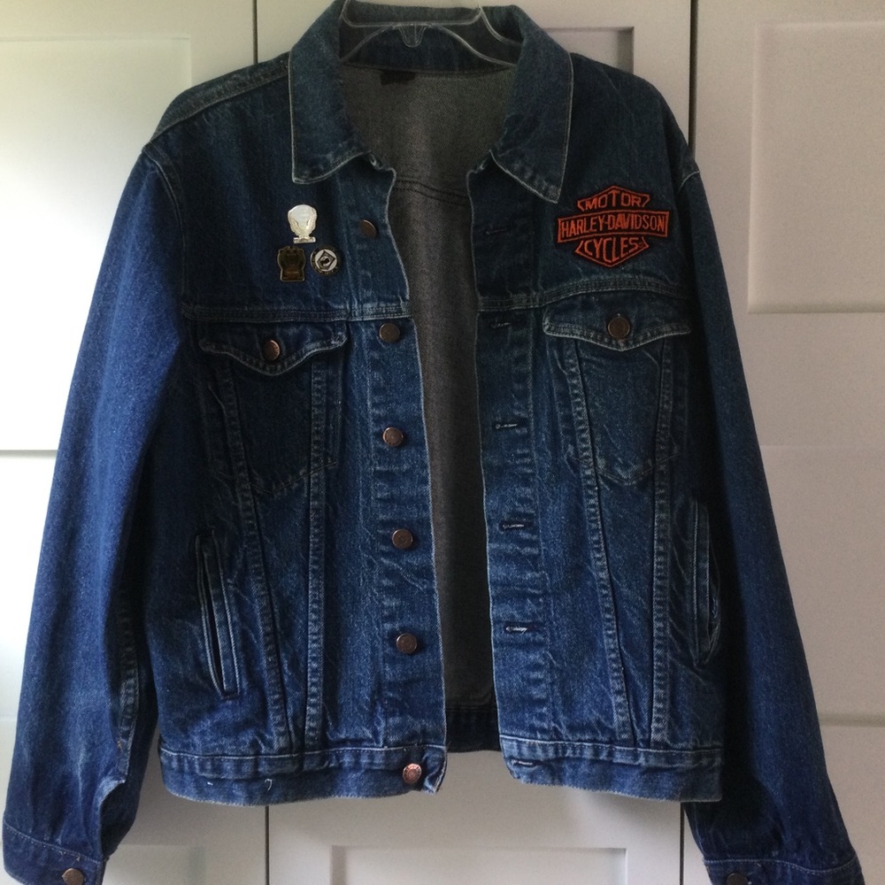 Vintage Denim Jacket With Harley Davidson Patch & Pins